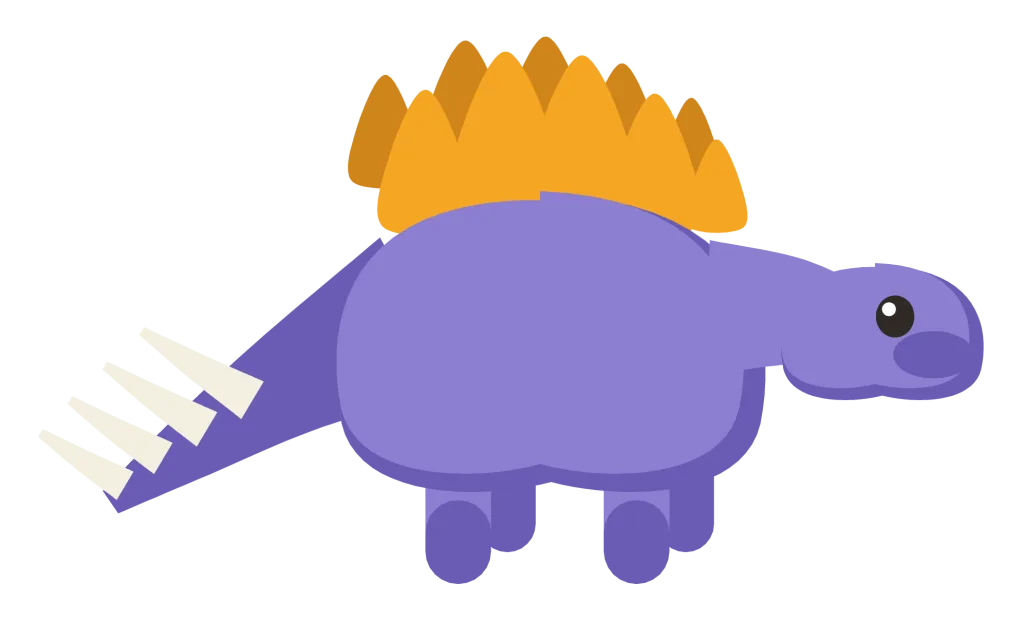 A violet stegosaurus in side view with two rows of back plates and four tail spikes.