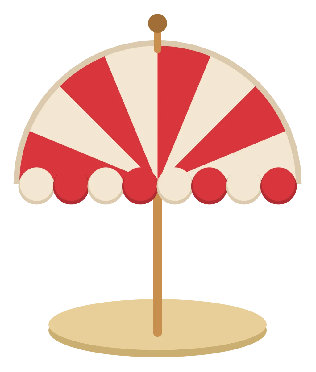 A red and white striped beach umbrella planted in a mound of sand.