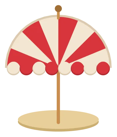A red and white striped beach umbrella planted in a mound of sand.