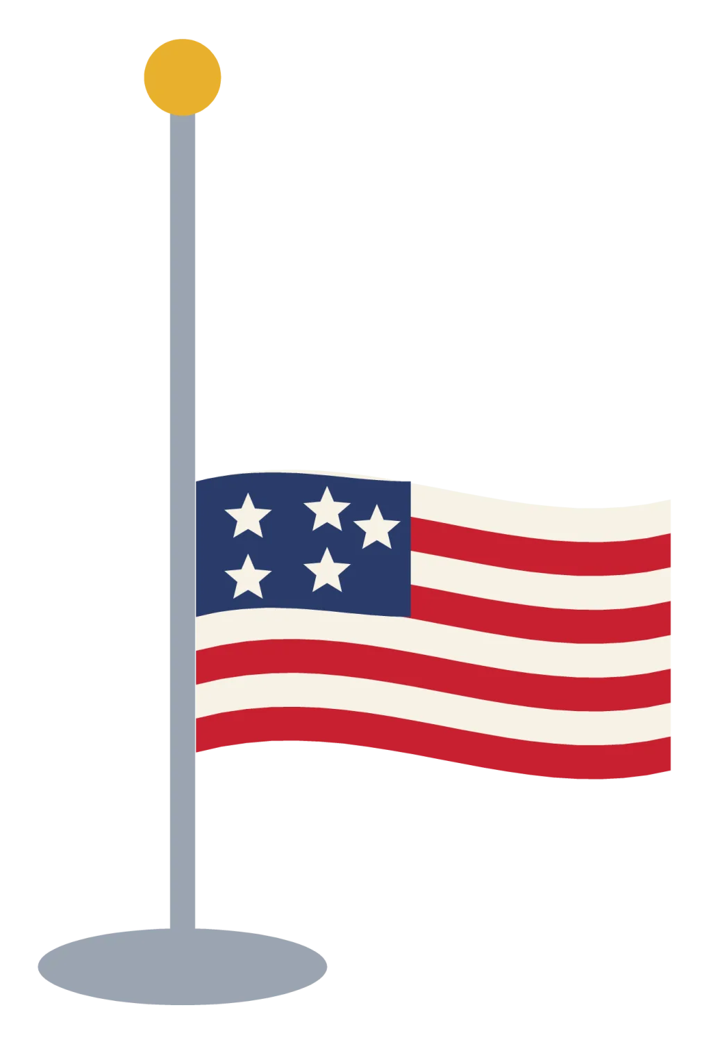 An American flag flying at half staff on a tall pole with a gold finial.
