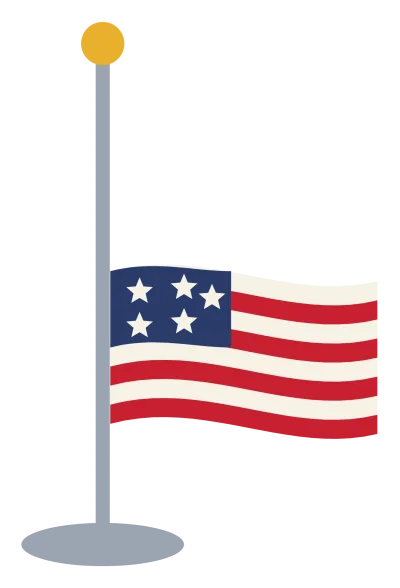 An American flag flying at half staff on a tall pole with a gold finial.