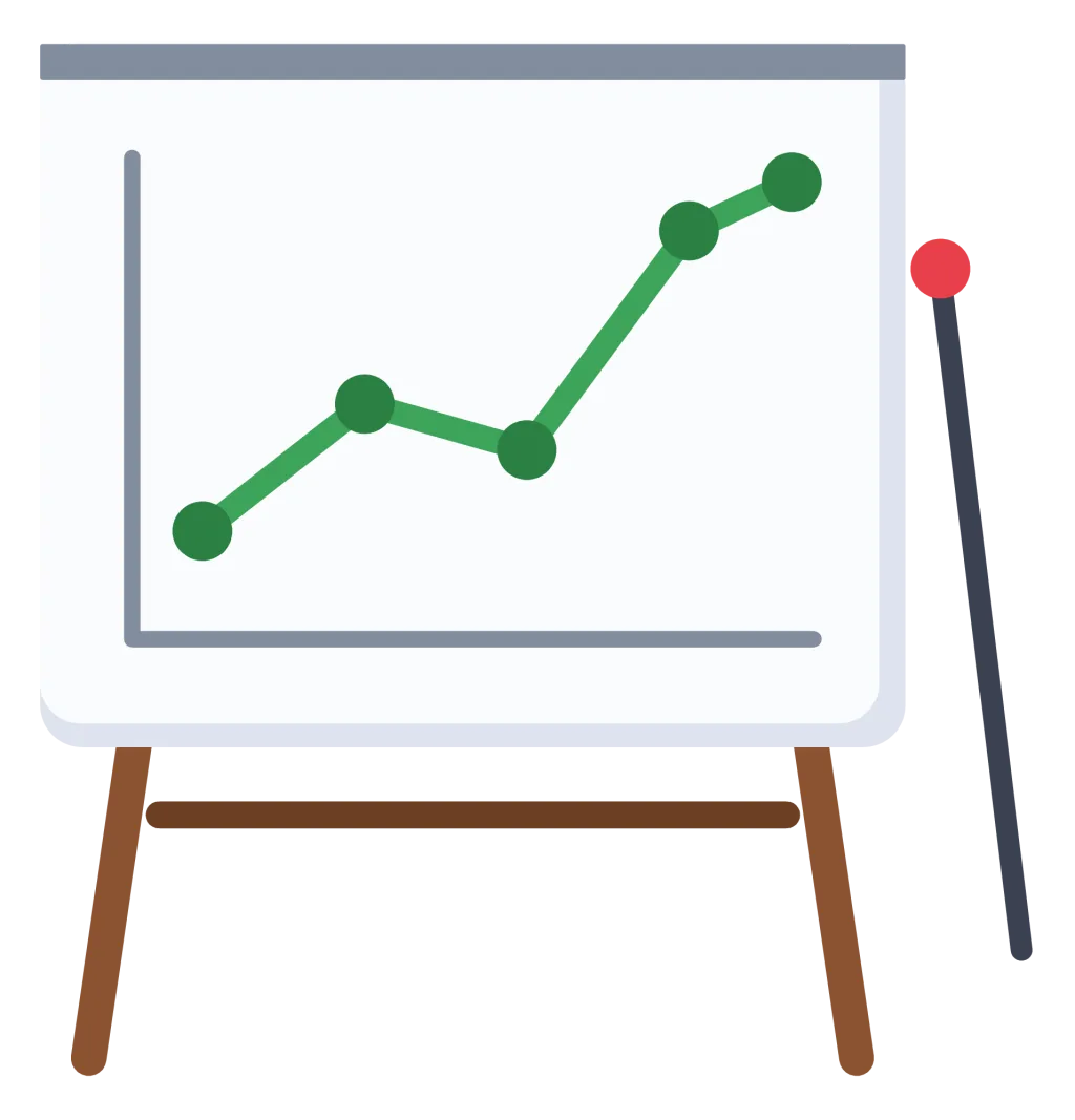 A presentation board on an easel showing a rising line chart, with a pointer beside it.