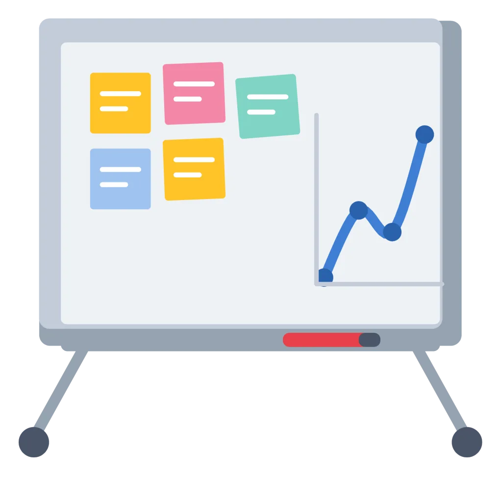 A whiteboard on a frame covered with coloured sticky notes, a chart and a marker on the tray.