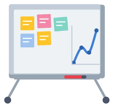 A whiteboard on a frame covered with coloured sticky notes, a chart and a marker on the tray.
