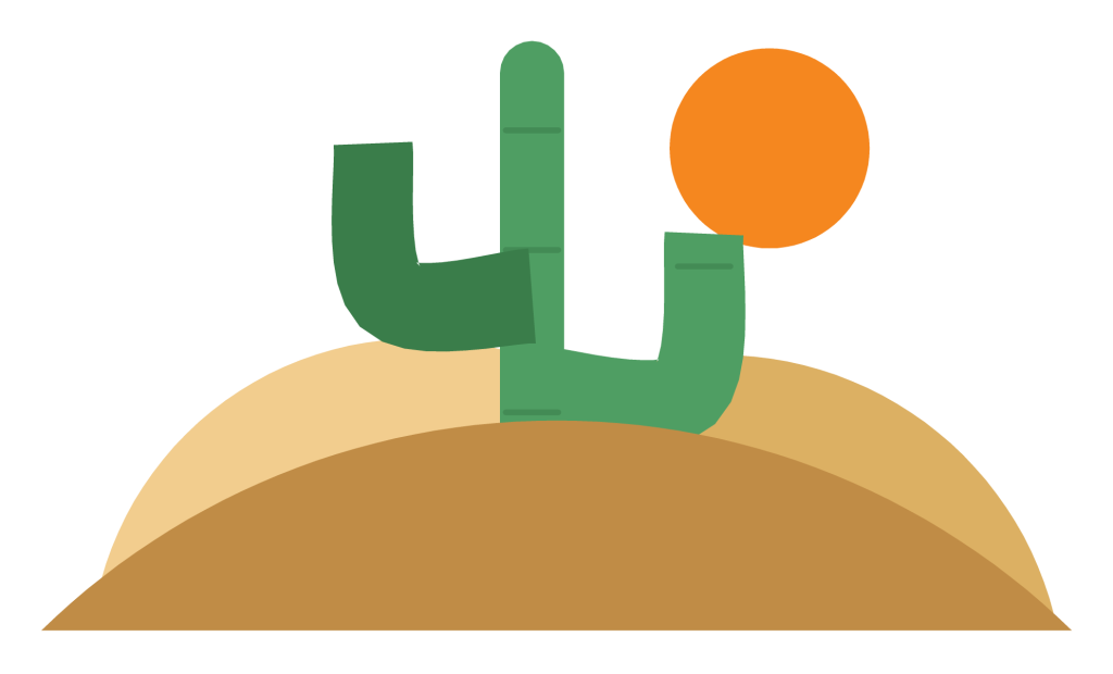 A desert scene with sand dunes, a tall cactus and a low orange sun.