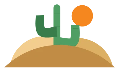 A desert scene with sand dunes, a tall cactus and a low orange sun.
