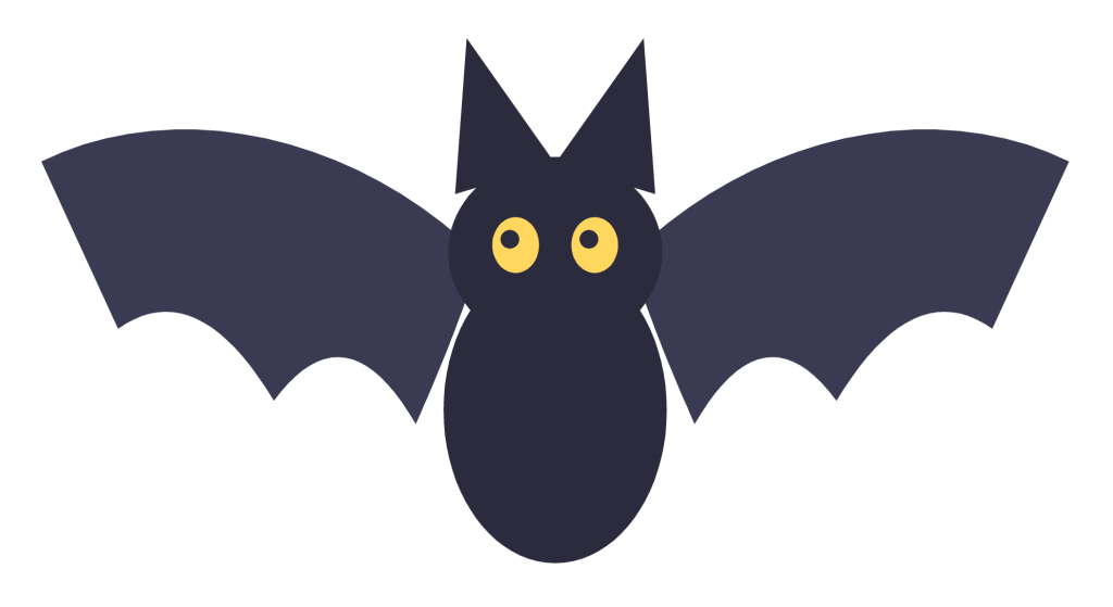 A black bat in flight with spread scalloped wings, pointed ears and small white eyes.