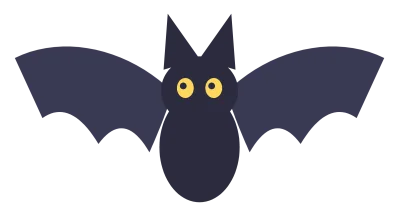 A black bat in flight with spread scalloped wings, pointed ears and small white eyes.