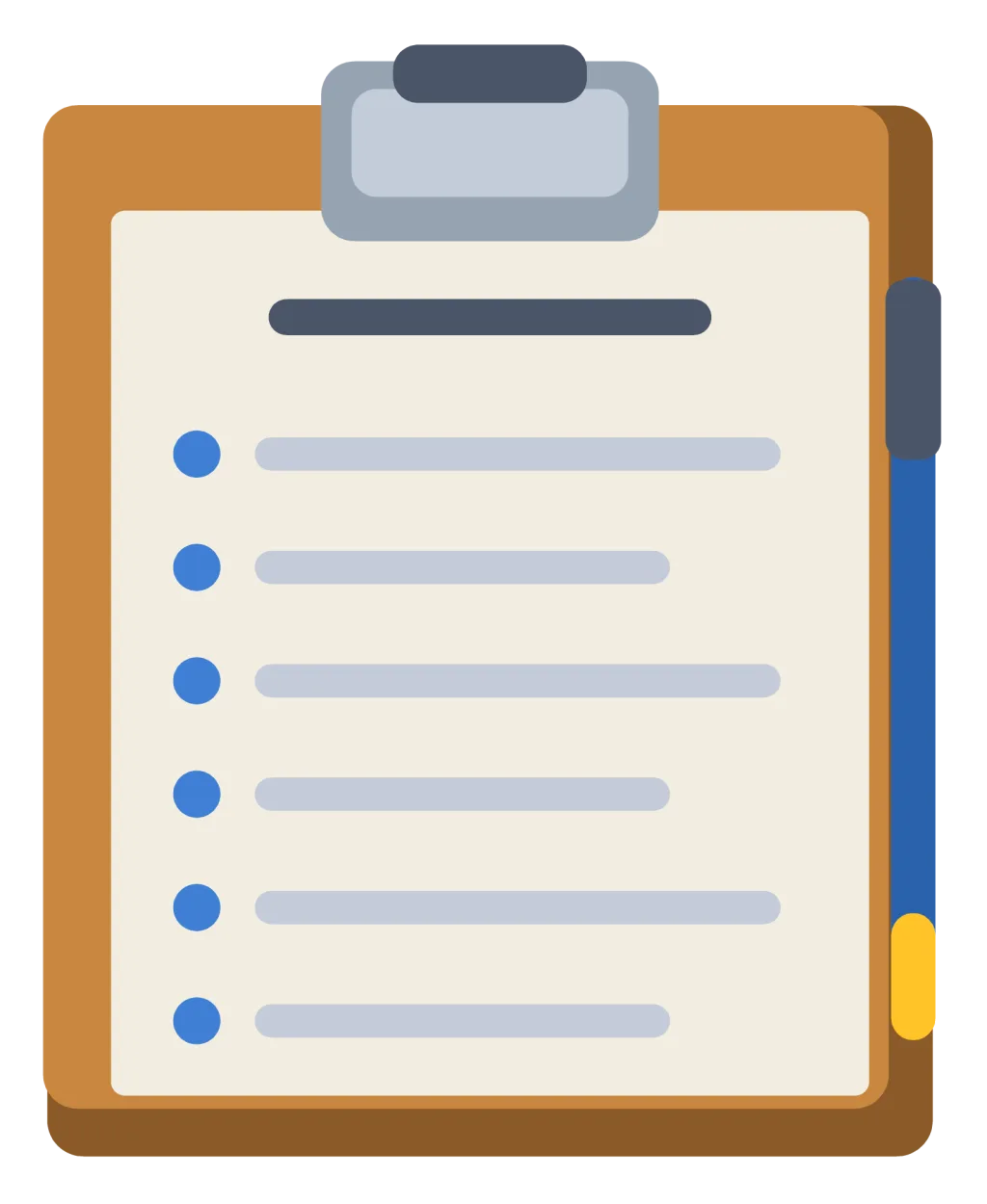 A clipboard holding a meeting agenda with numbered items and a pen clipped to the side.