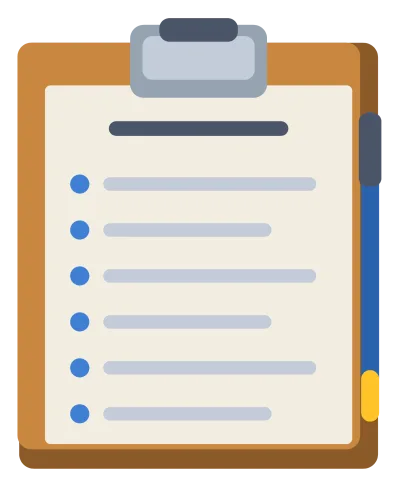 A clipboard holding a meeting agenda with numbered items and a pen clipped to the side.
