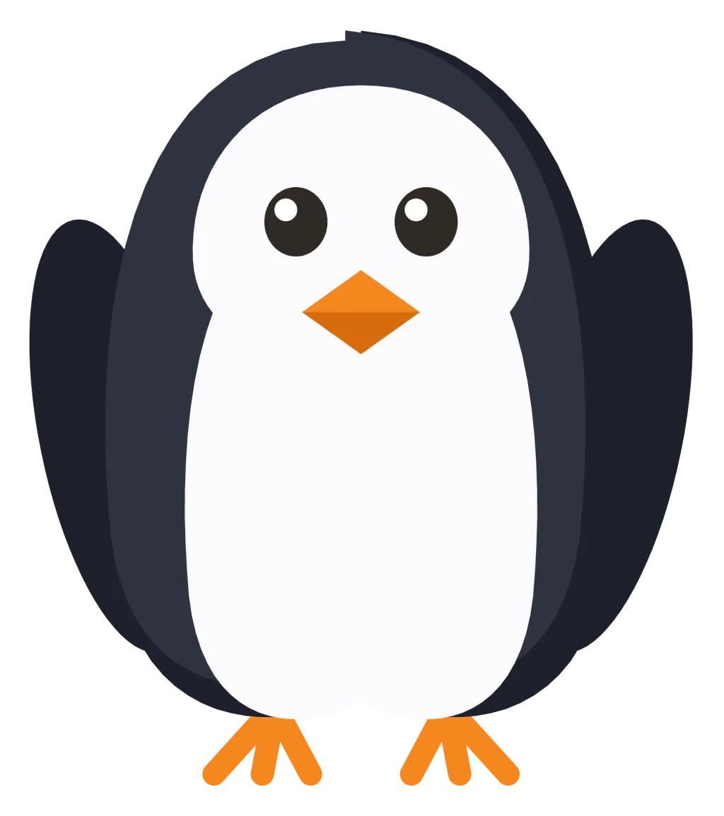 A black and white penguin standing head on with an orange beak, orange feet and flippers at its sides.