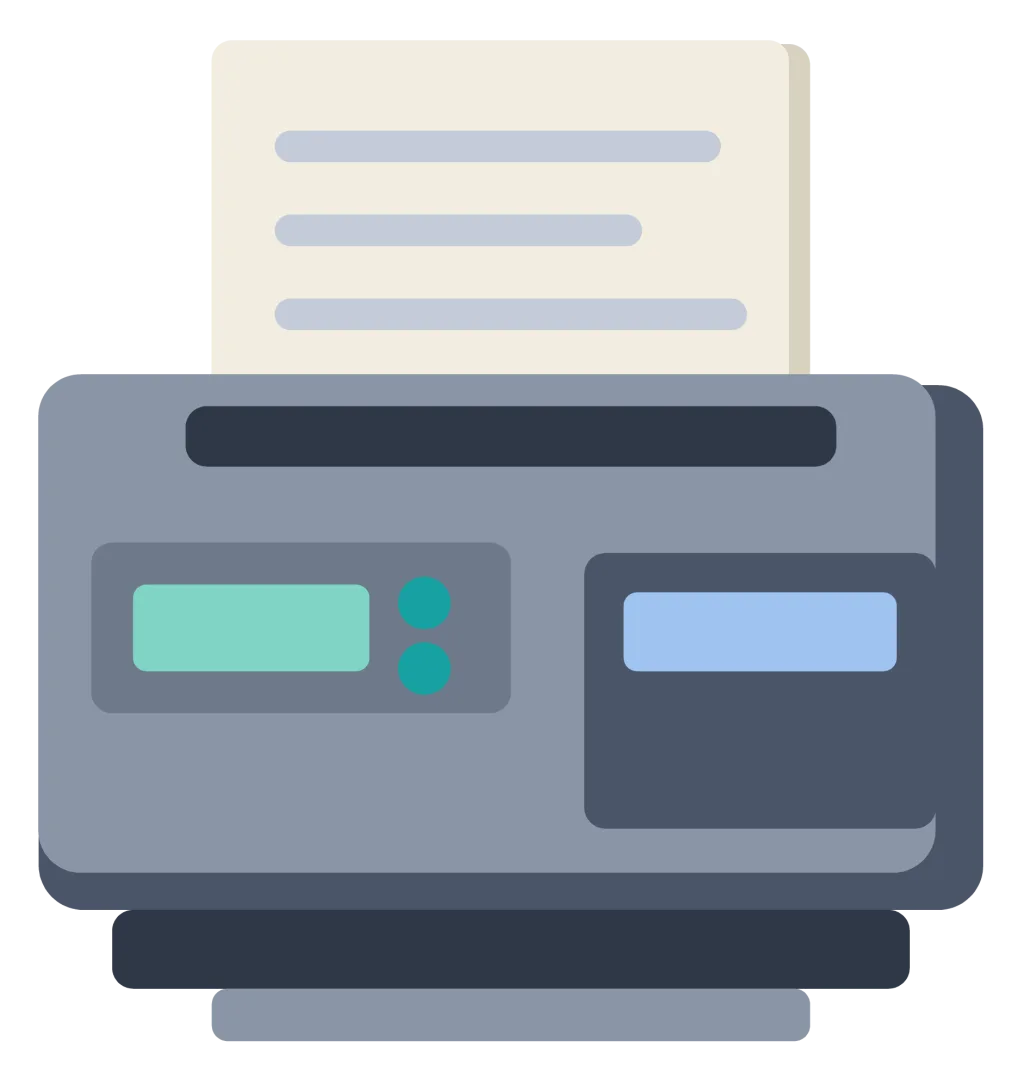 A grey office printer with a sheet of paper feeding out of the top slot and a control panel.