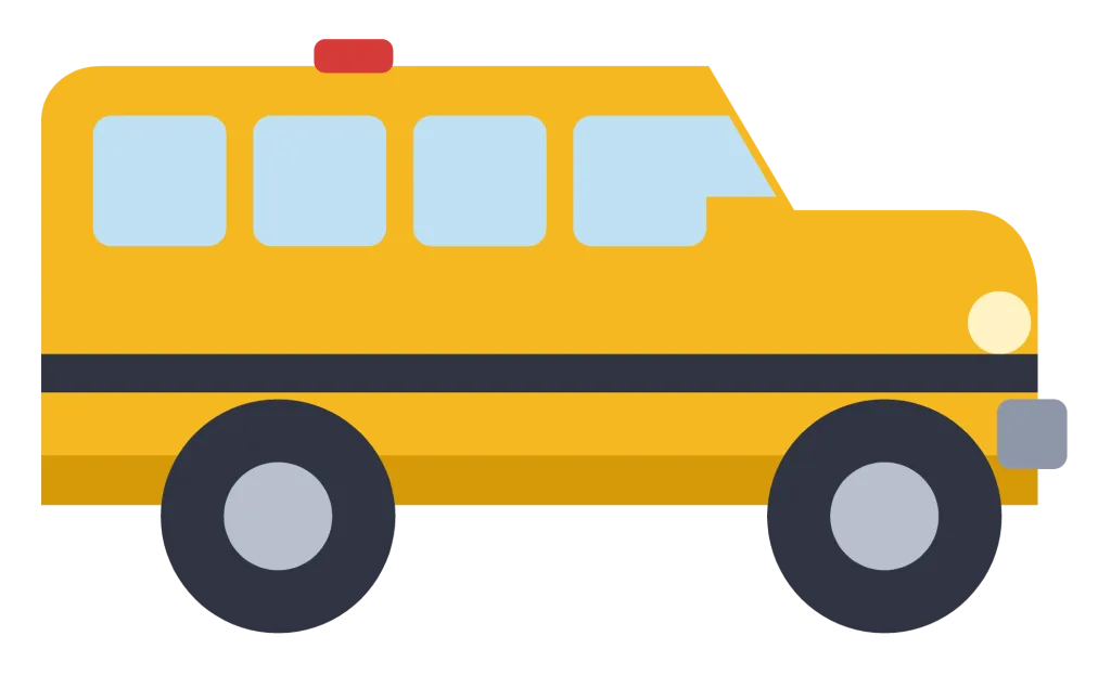 A yellow American school bus in side view with black trim, four windows and a red stop light on the roof.