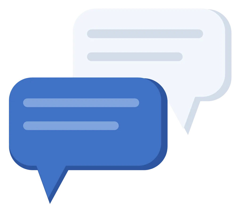 Two overlapping speech bubbles in blue and white, facing each other.