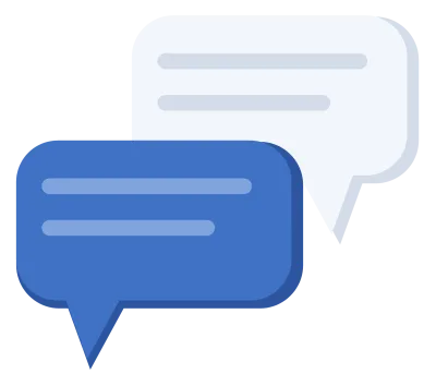 Two overlapping speech bubbles in blue and white, facing each other.