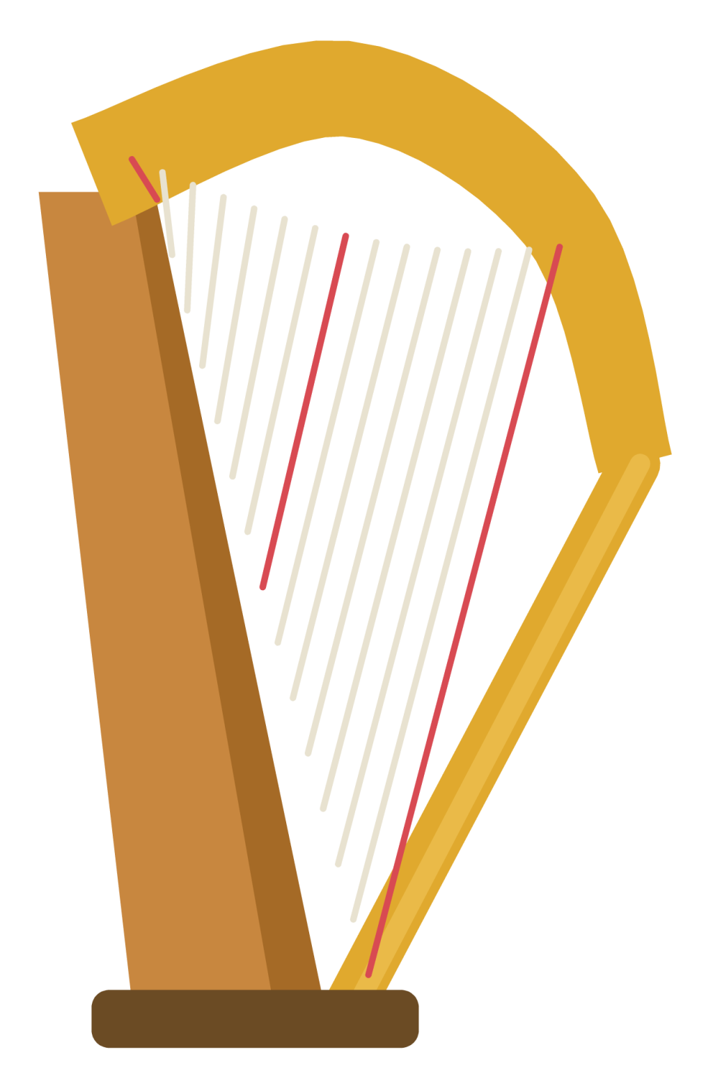 A golden harp with a curved neck, a straight pillar and strings of decreasing length.