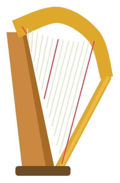 A golden harp with a curved neck, a straight pillar and strings of decreasing length.