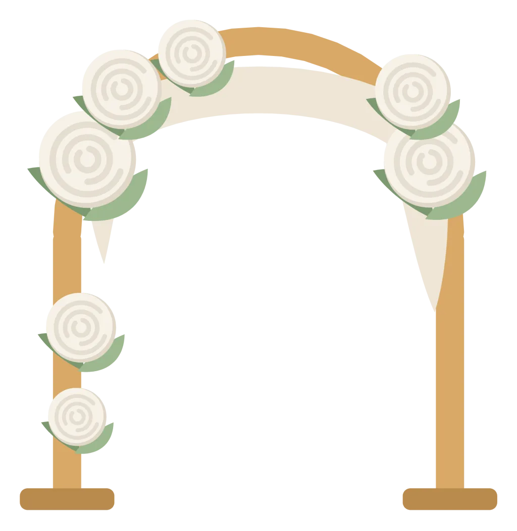 A wooden wedding arch dressed with foliage and white flowers, with fabric draped over the top.