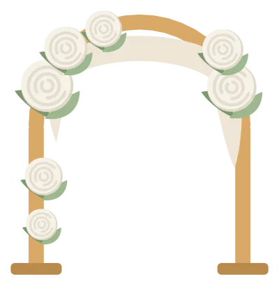 A wooden wedding arch dressed with foliage and white flowers, with fabric draped over the top.