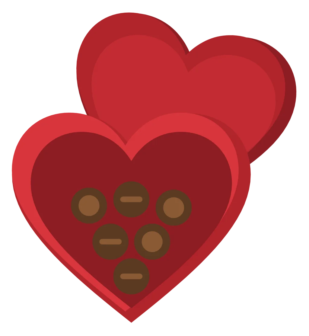 An open heart-shaped box of chocolates with a red lid tilted behind it.