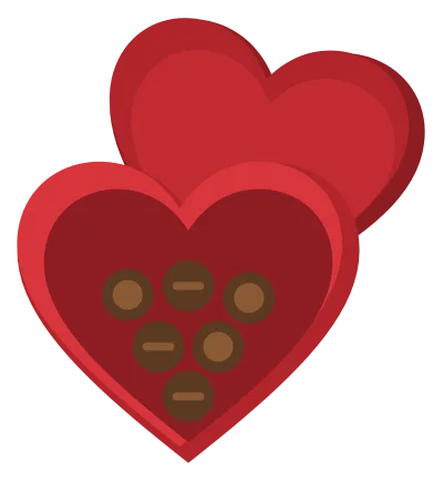 An open heart-shaped box of chocolates with a red lid tilted behind it.