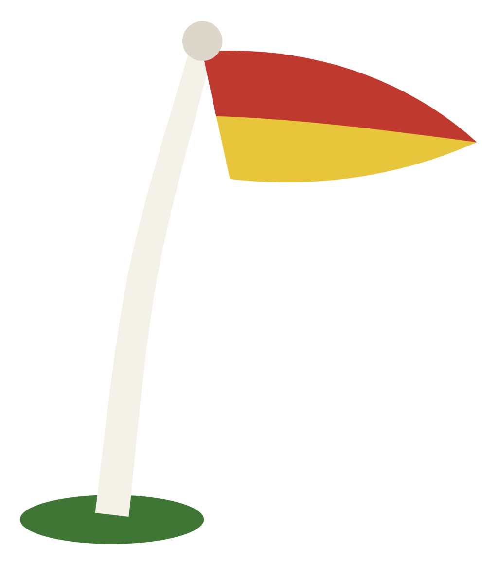 A red and yellow corner flag on a flexible white post, bending in the wind.