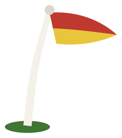A red and yellow corner flag on a flexible white post, bending in the wind.