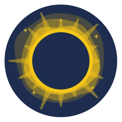 A solar eclipse with the moon covering the sun and a bright corona ringing the dark disc.