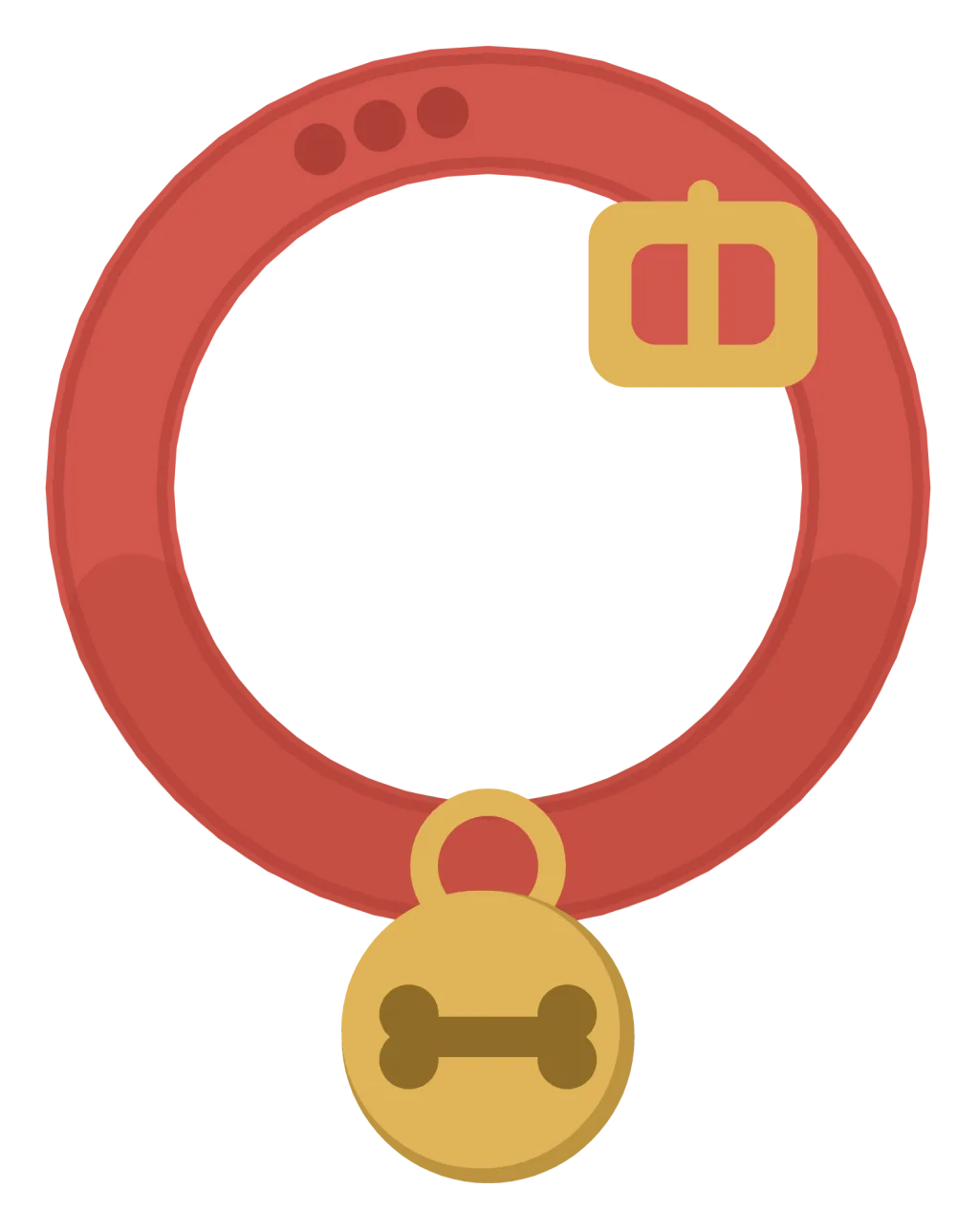 A red dog collar laid in a loop with a brass buckle and a round name tag hanging from it.