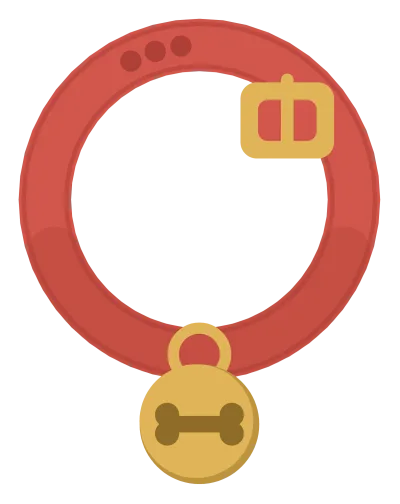 A red dog collar laid in a loop with a brass buckle and a round name tag hanging from it.