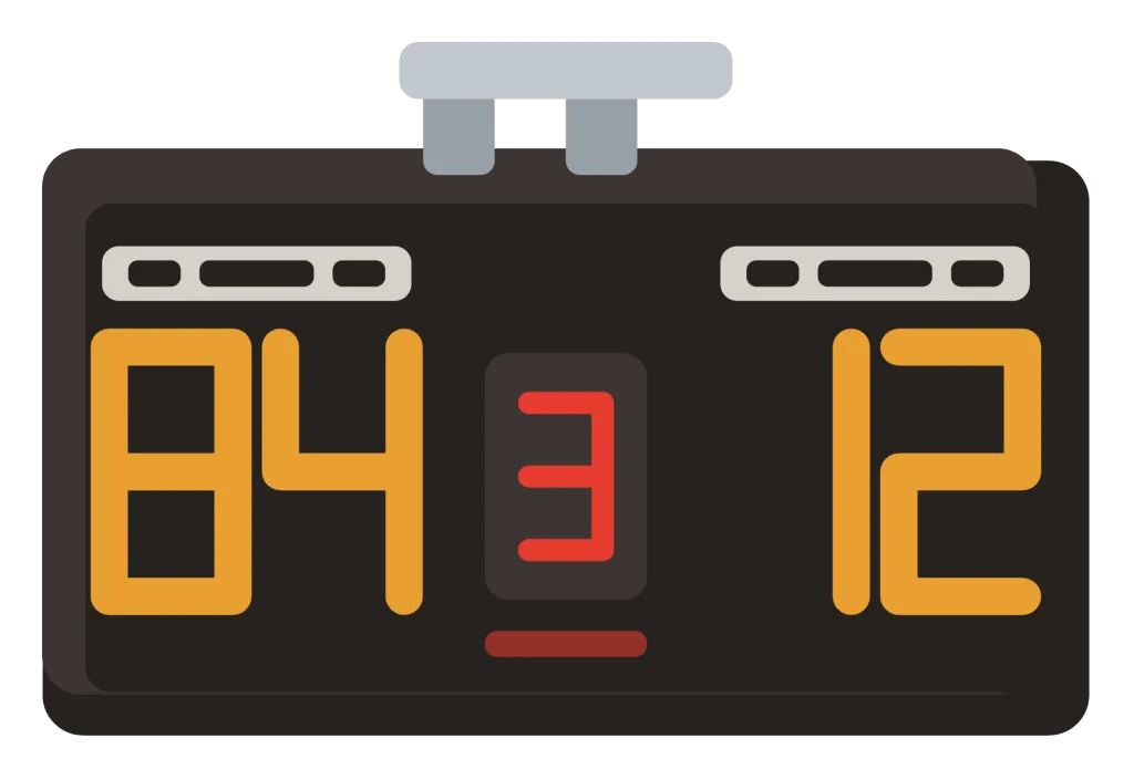 A wide black scoreboard with home and guest scores in amber digits and a period counter between them.