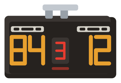 A wide black scoreboard with home and guest scores in amber digits and a period counter between them.