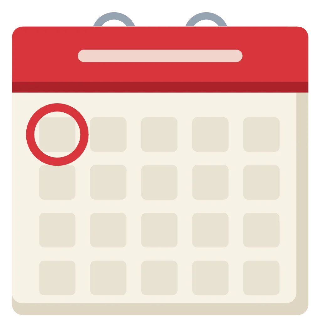 A tear-off calendar page with a red header, a ruled grid and the first day circled.
