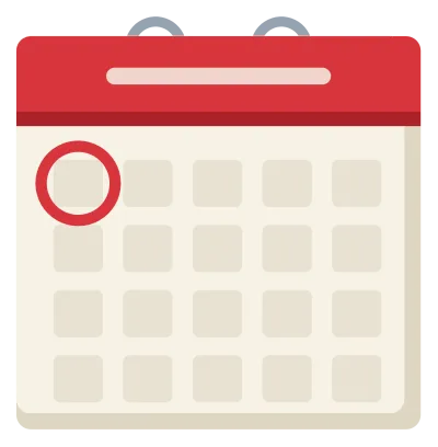 A tear-off calendar page with a red header, a ruled grid and the first day circled.