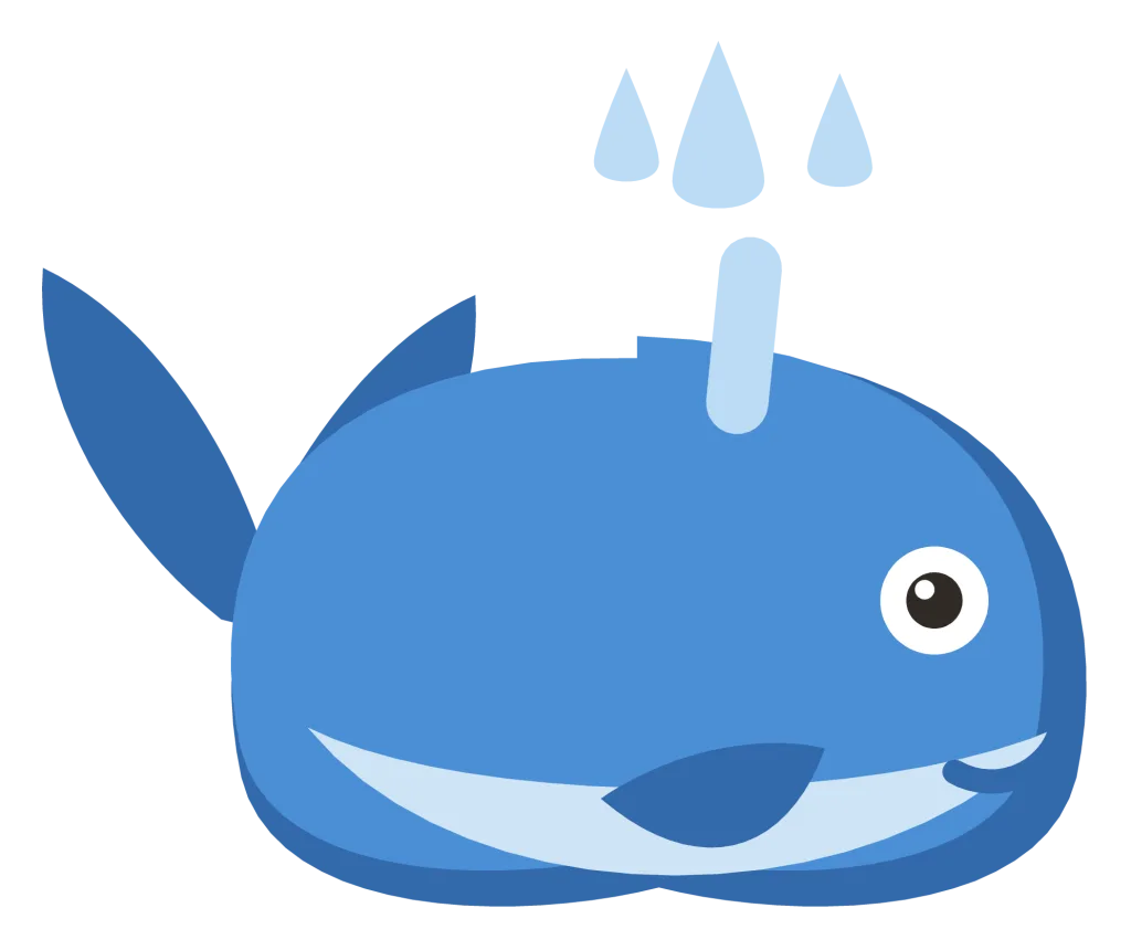 A blue cartoon whale with a pale belly, a raised tail fluke and a spout of water.