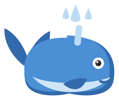 A blue cartoon whale with a pale belly, a raised tail fluke and a spout of water.