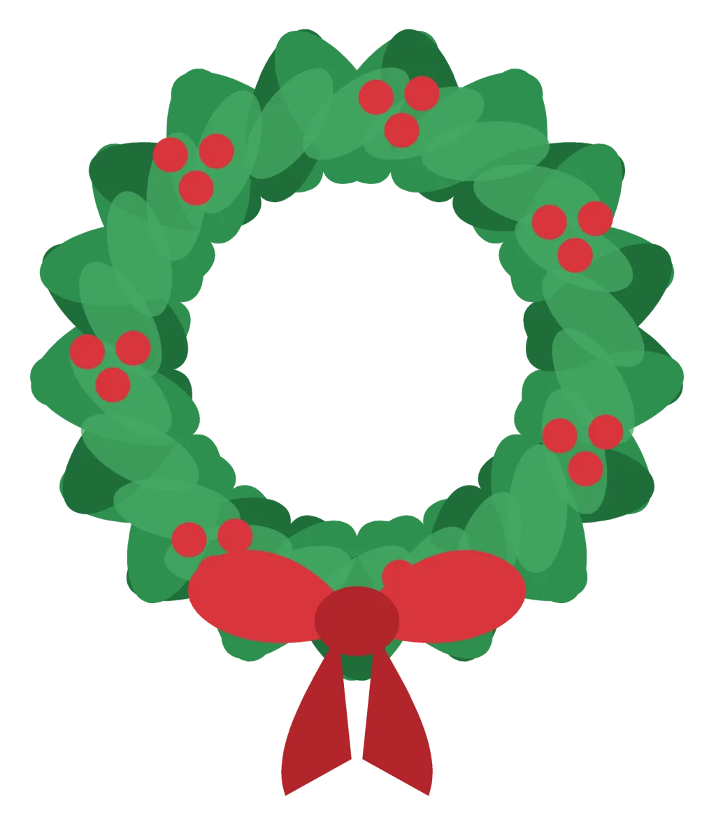 A round green Christmas wreath of layered leaves with red berries and a red bow at the bottom.