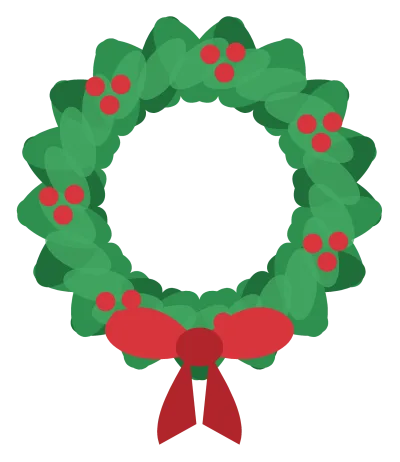 A round green Christmas wreath of layered leaves with red berries and a red bow at the bottom.