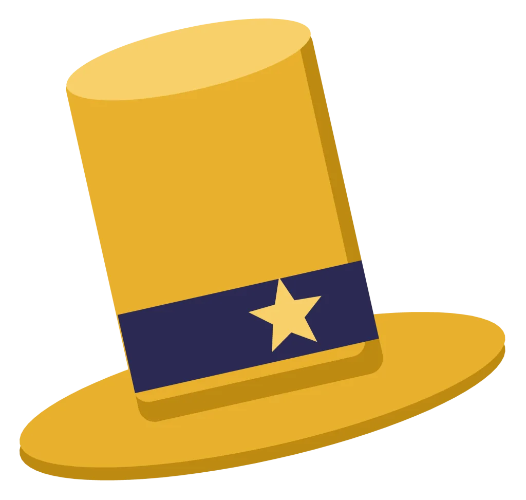 A gold glitter top hat with a navy band and a star, tilted to one side.