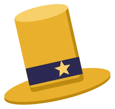 A gold glitter top hat with a navy band and a star, tilted to one side.