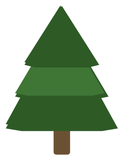 A single dark green pine tree with three tiers of branches and a short bare trunk.