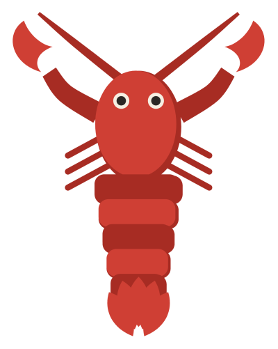 A red lobster seen from above, with a long segmented tail, two large claws held forward and long antennae.