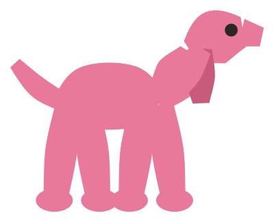 A pink balloon dog twisted from one long modelling balloon, with pinched joints and stubby legs.