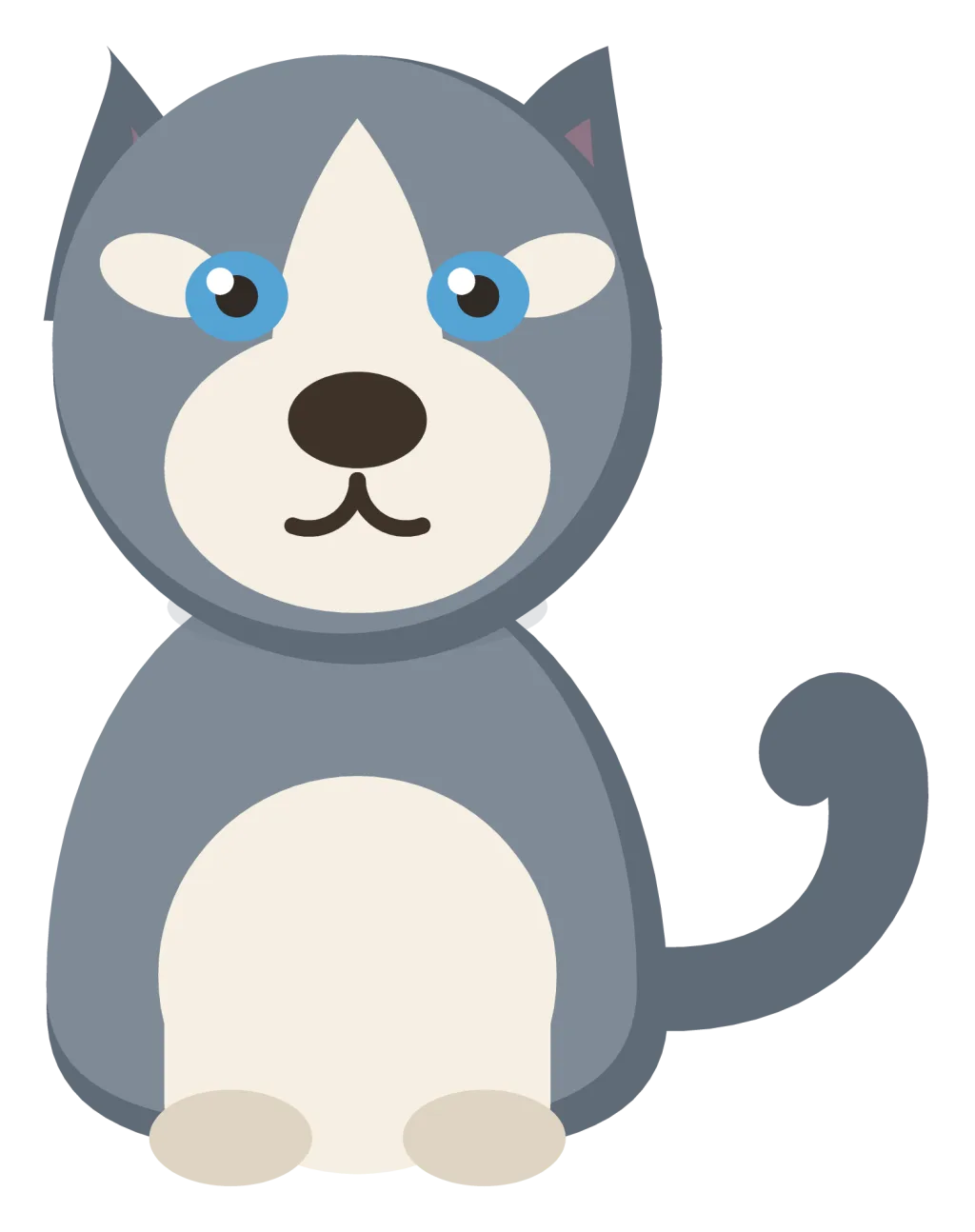 A grey and white husky sitting head on, with pointed ears, a dark face mask and pale blue eyes.