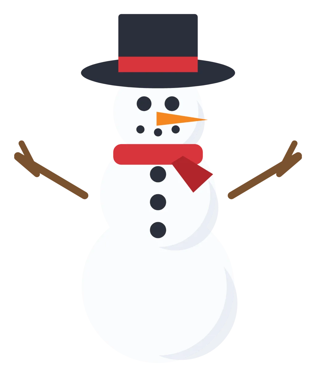 A three-tier snowman with a black top hat, red scarf, carrot nose, coal eyes and twig arms.