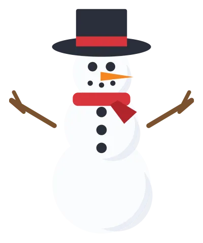A three-tier snowman with a black top hat, red scarf, carrot nose, coal eyes and twig arms.