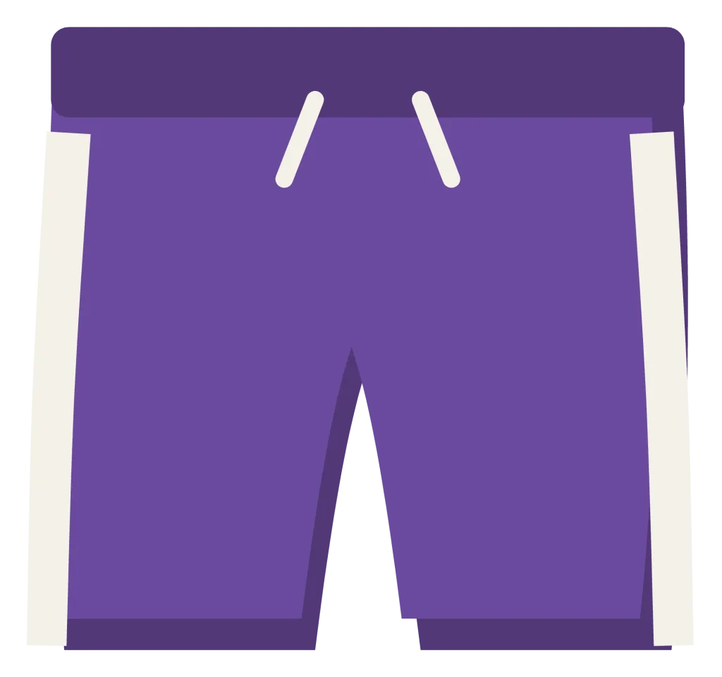 A pair of long purple basketball shorts with a white side stripe and a drawstring waistband.