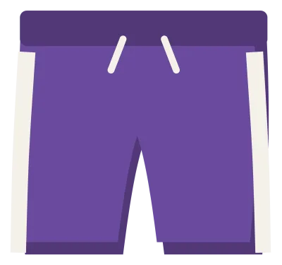 A pair of long purple basketball shorts with a white side stripe and a drawstring waistband.