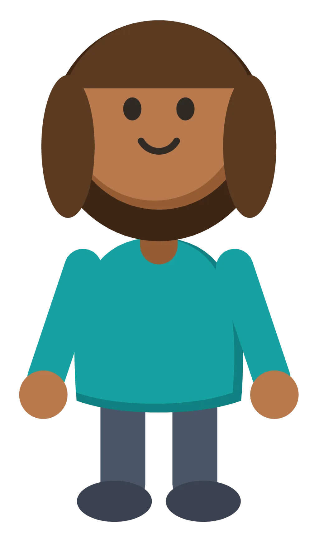 A cartoon child standing and smiling, with a green top and blue trousers.