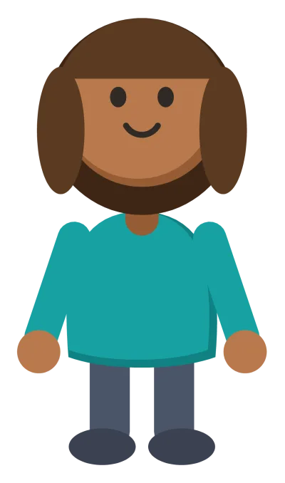 A cartoon child standing and smiling, with a green top and blue trousers.